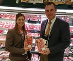 Dan Hanrahan from Cumming, and Tamara Heim from Logan, represented Iowa beef farmers at as agricultural leaders continued building relationships in Japan & South Korea on recent Iowa meat trade mission.  They are pictured here showcasing U.S. beef products available in a retail outlet.
