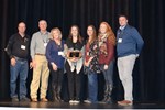 Peterson Farms Steve Rehder, IBIC Chair; Curt & Kaylene Petersen and their family, 2018 Iowa Cow-Calf Award; Rusty Gibbs, Director of Industry Relations IBIC / Iowa BQA Coordinator.